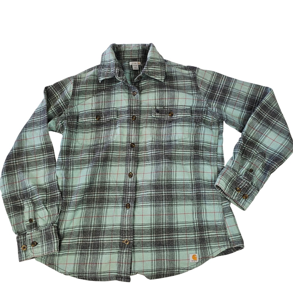 Carhartt Women's Plaid Flannel Button Down Shirt Mint Green Grey Medium 8-10